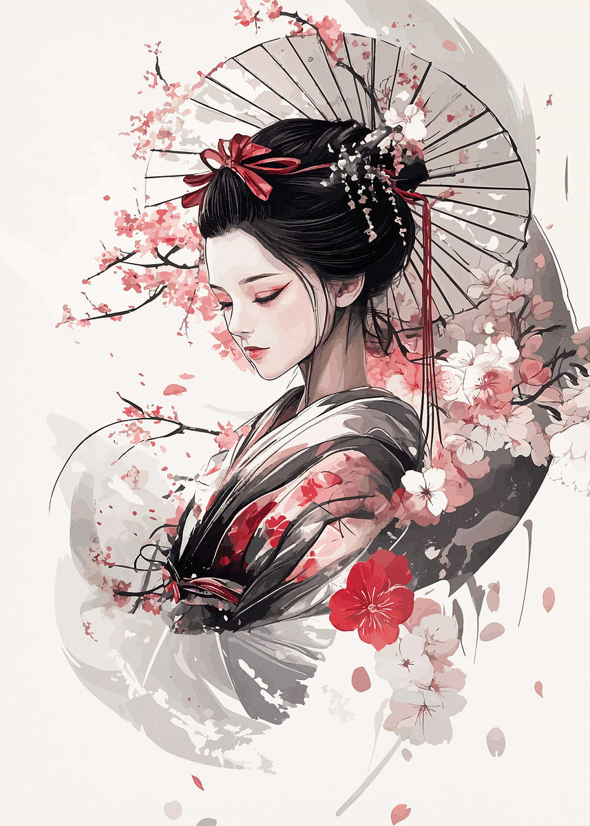 Geisha with Cherry Blossoms' Poster, picture, metal print, paint