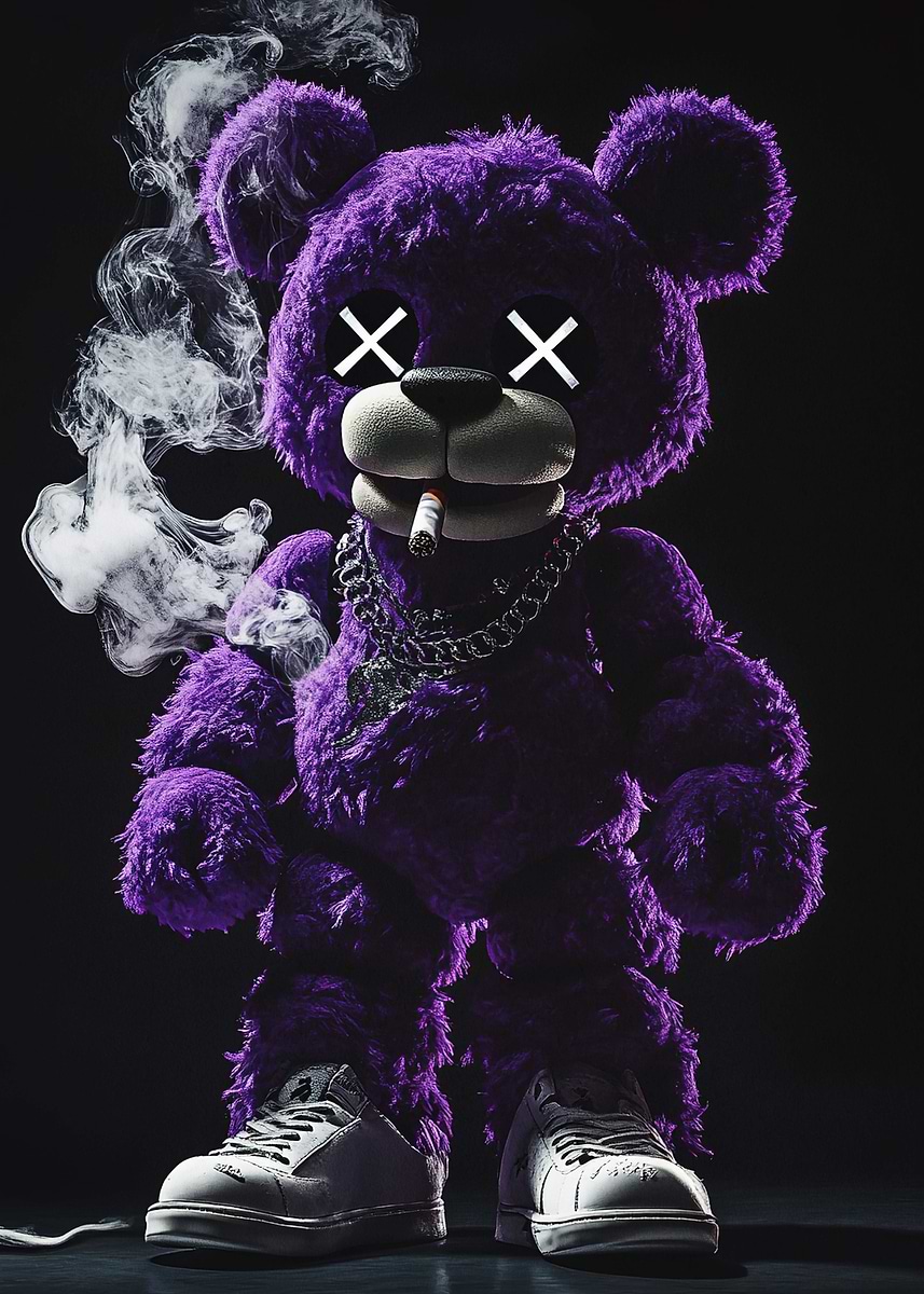 Purple Bear with X Eyes' Poster, picture, metal print, paint by