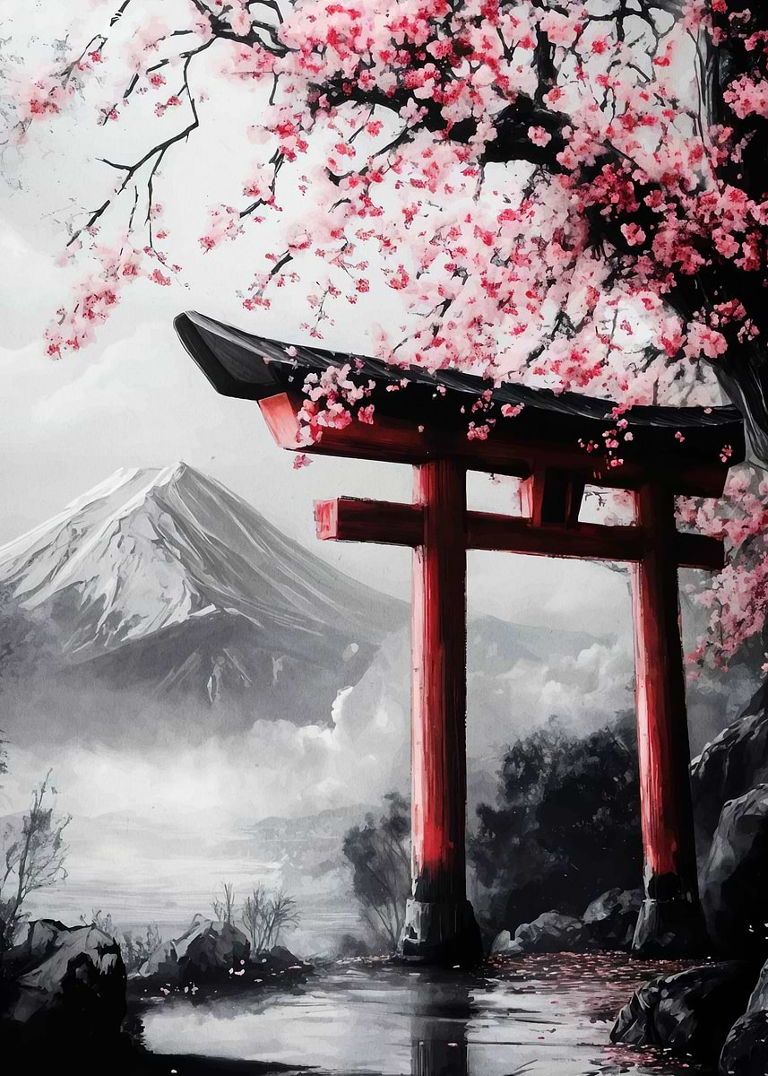 Japanese Cherry Blossom Gate' Poster, picture, metal print, paint