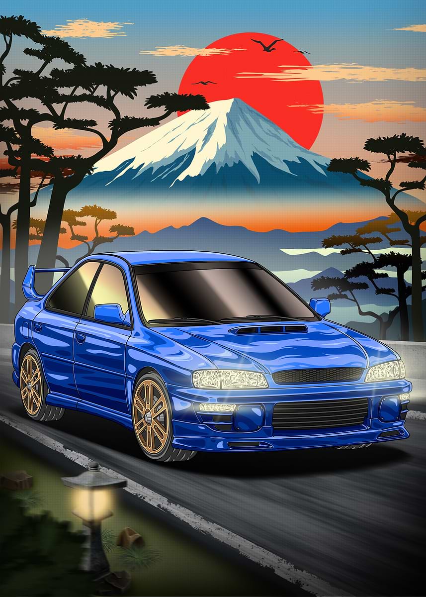 Subaru Impreza WRX 22B driving in front of Mt. Fuji' Poster