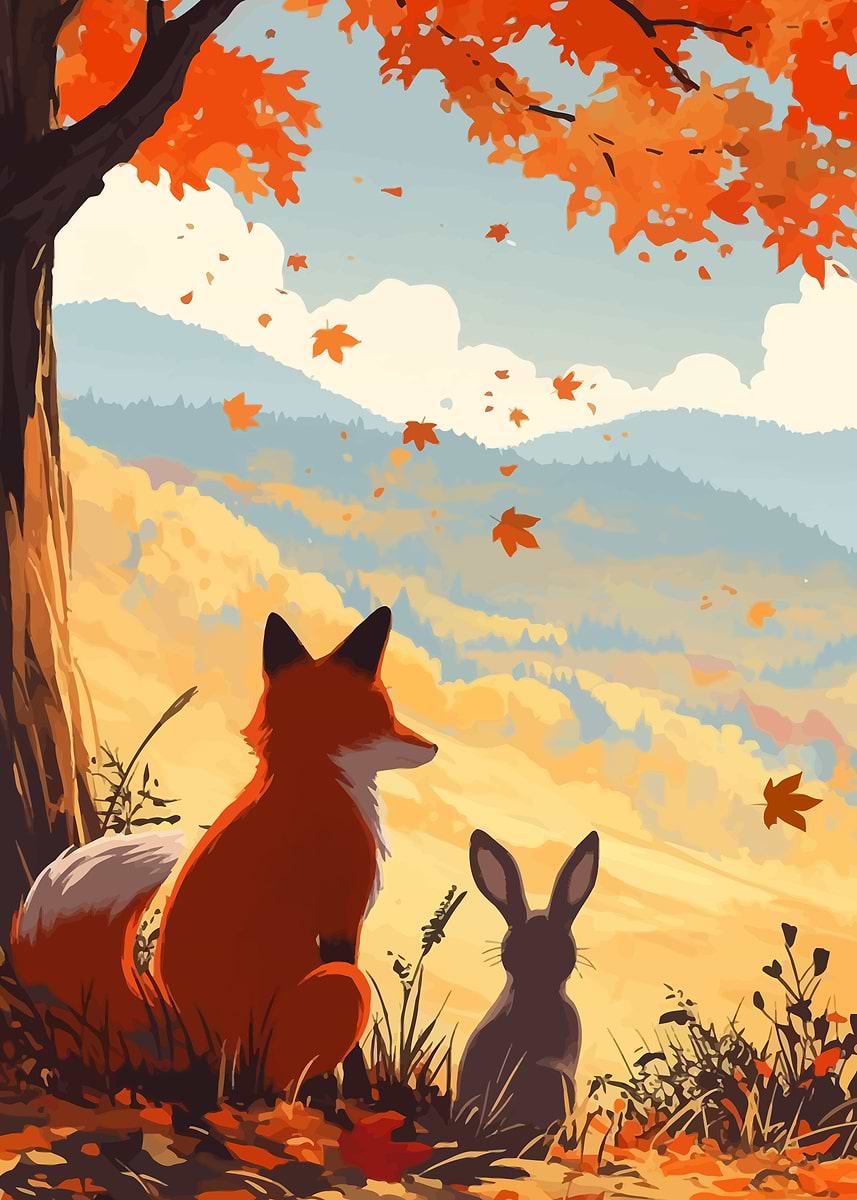 Fox and Rabbit Autumn Landscape' Poster, picture, metal print