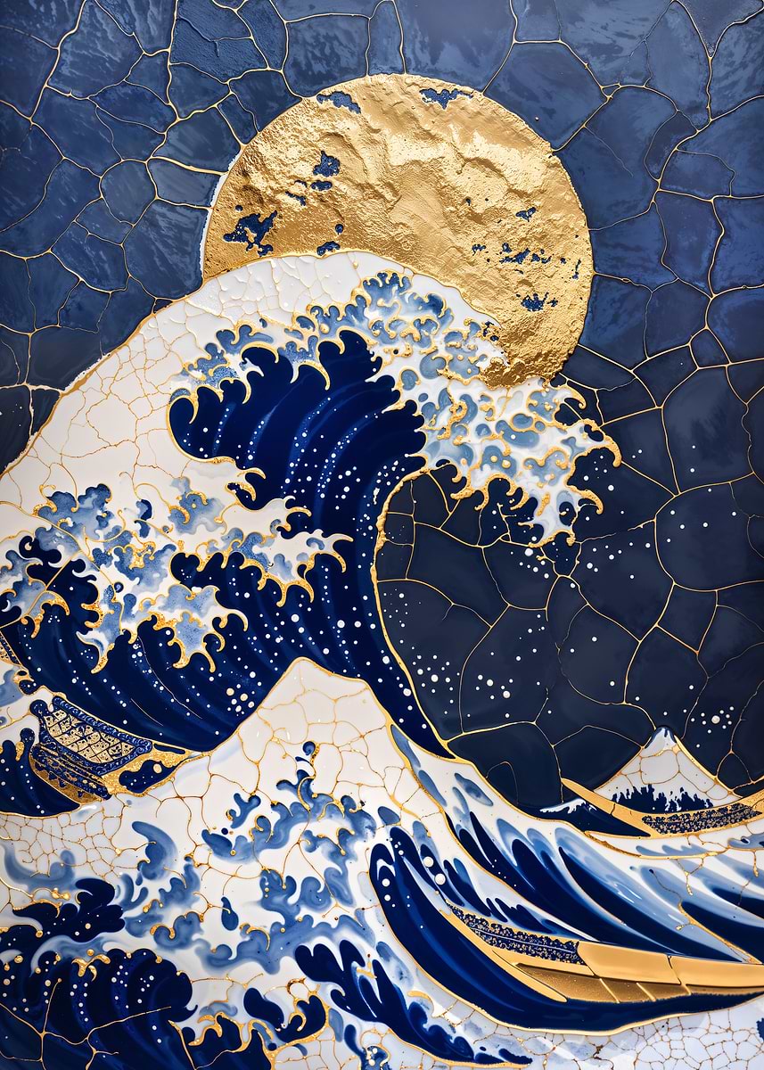 Porcelain Great Wave Kintsugi Art — from the Vintage Porcelain Kintsugi collection, a Pixaverse metal print