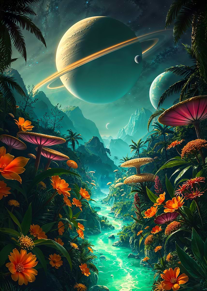 Alien Jungle River Dreamscape — from the Alien Worlds collection, a Pixaverse metal print