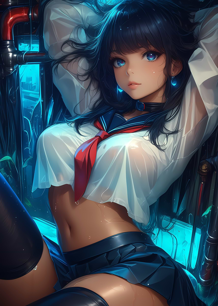 Anime Girl in Wet Uniform' Poster, picture, metal print, paint by Veda |  Displate