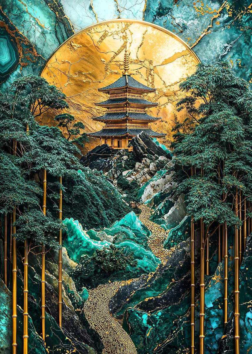 Bamboo Grove Temple Art — from the Abstract Nature Kintsugi collection, a Pixaverse metal print