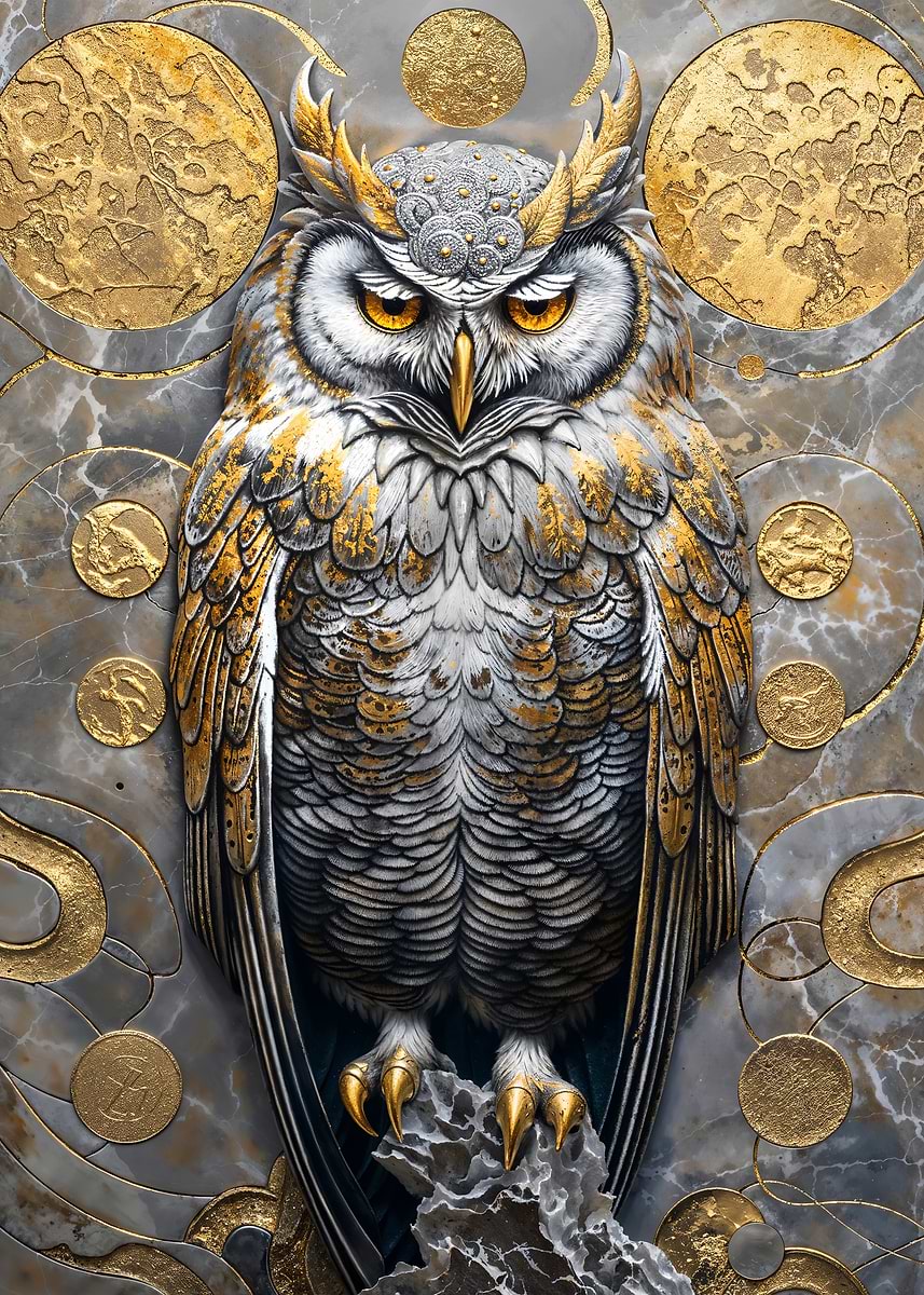 Golden Owl Guardian Majesty — from the Precious Metal Reforged collection, a Pixaverse metal print