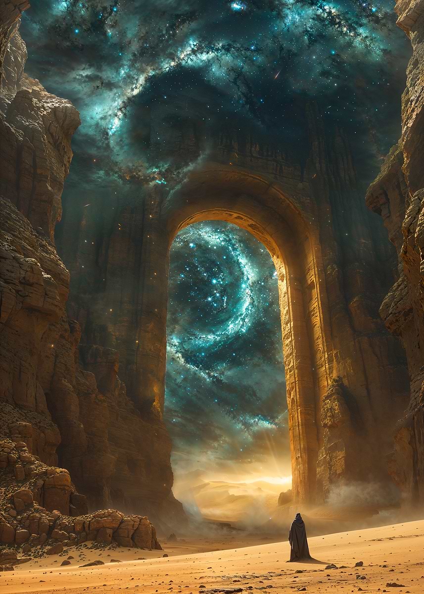 Starry Gateway to Infinity — from the Forgotten Fantasy Realms collection, a Pixaverse metal print