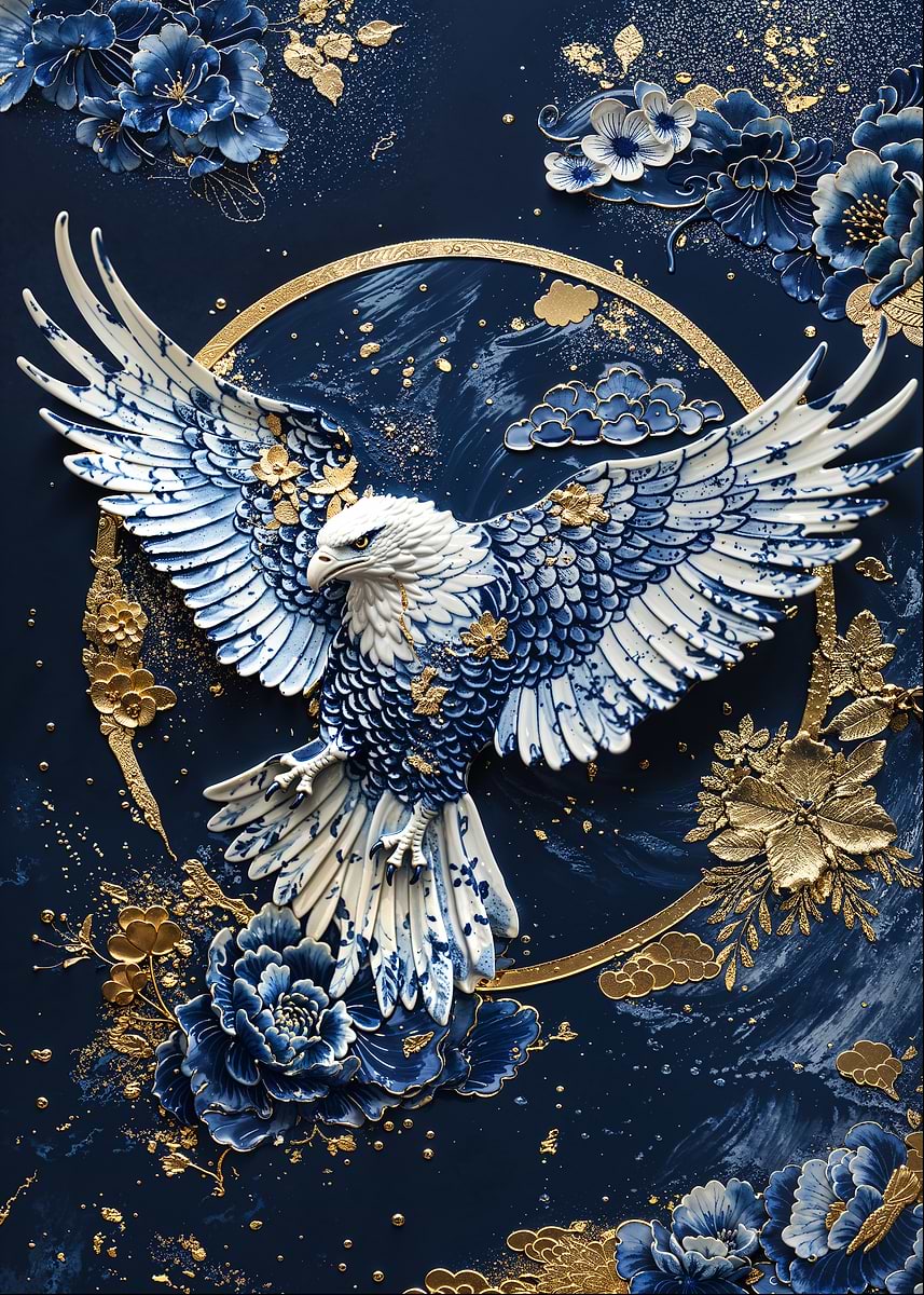 Porcelain Sky Monarch — from the Vintage Porcelain Kintsugi collection, a Pixaverse metal print