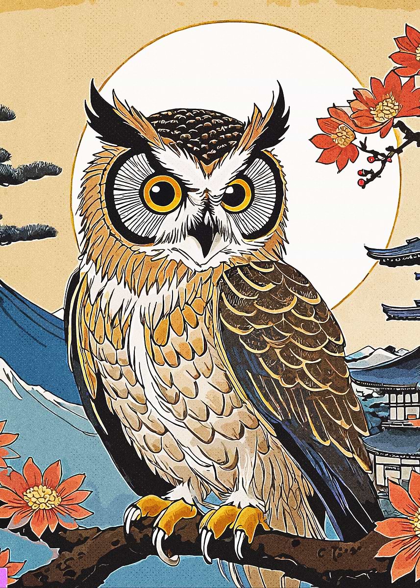 Japanese Owl Art' Poster, picture, metal print, paint by Hamka