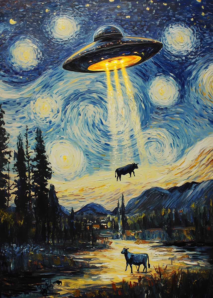 UFO Over Starry Night' Poster, picture, metal print, paint by