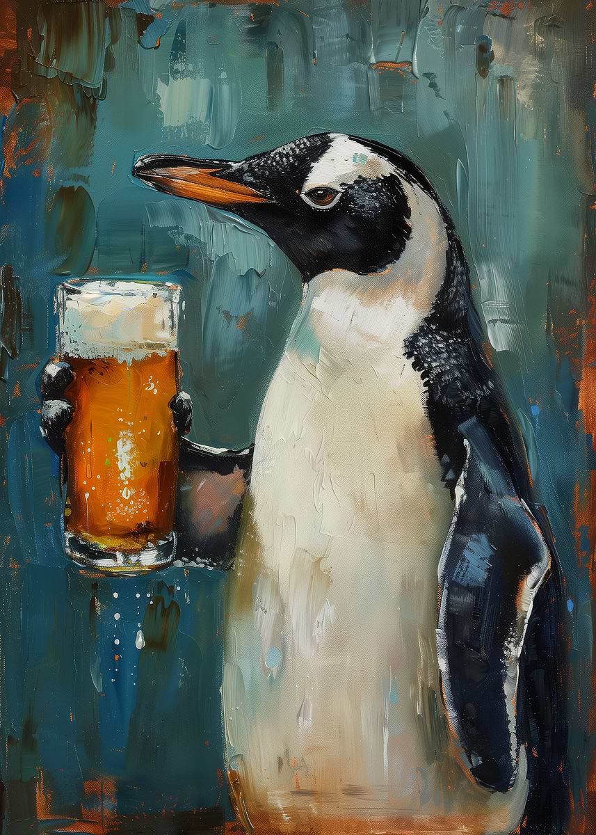 Beer Drinking Penguin' Poster, picture, metal print, paint by