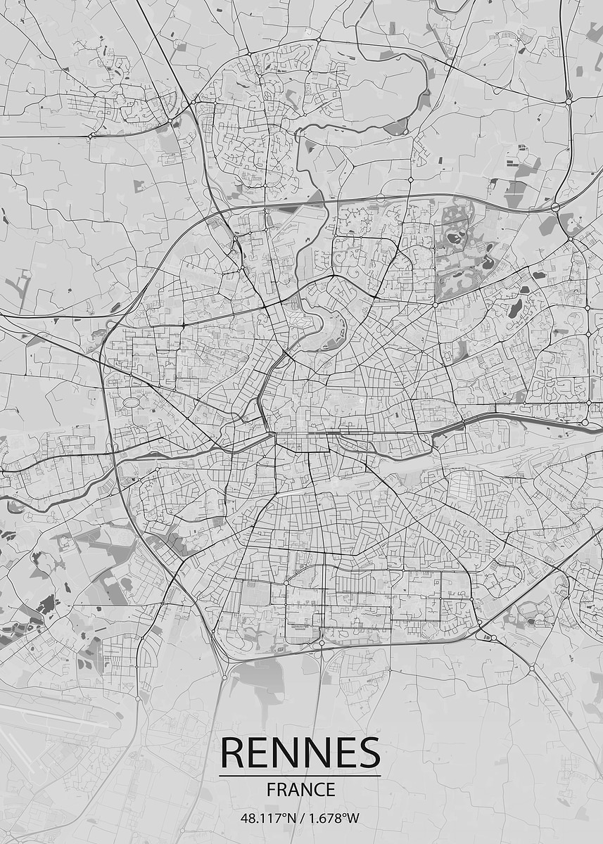 'Rennes France Light Grey City Map' Poster, picture, metal print, paint ...