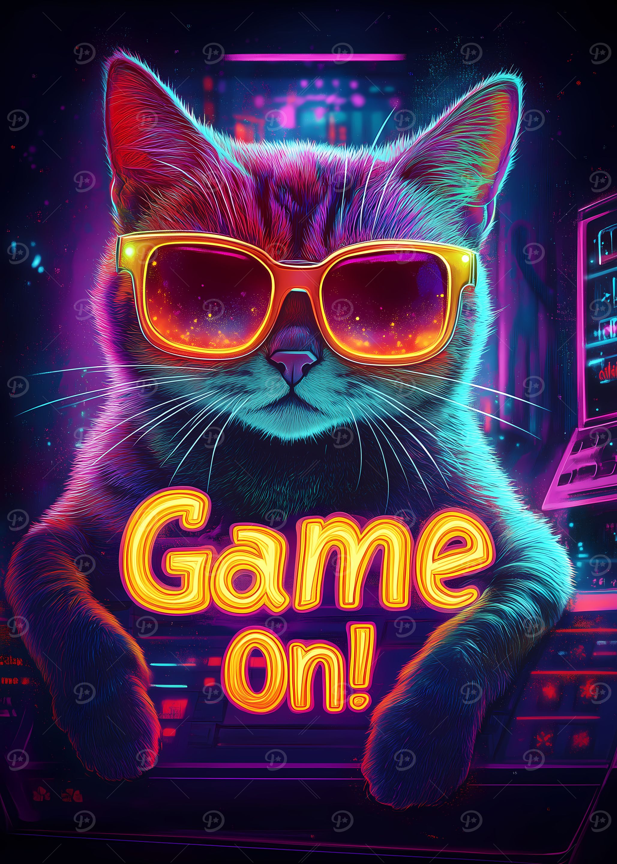 Gamer Cat in Neon' Poster, picture, metal print, paint by Spooky