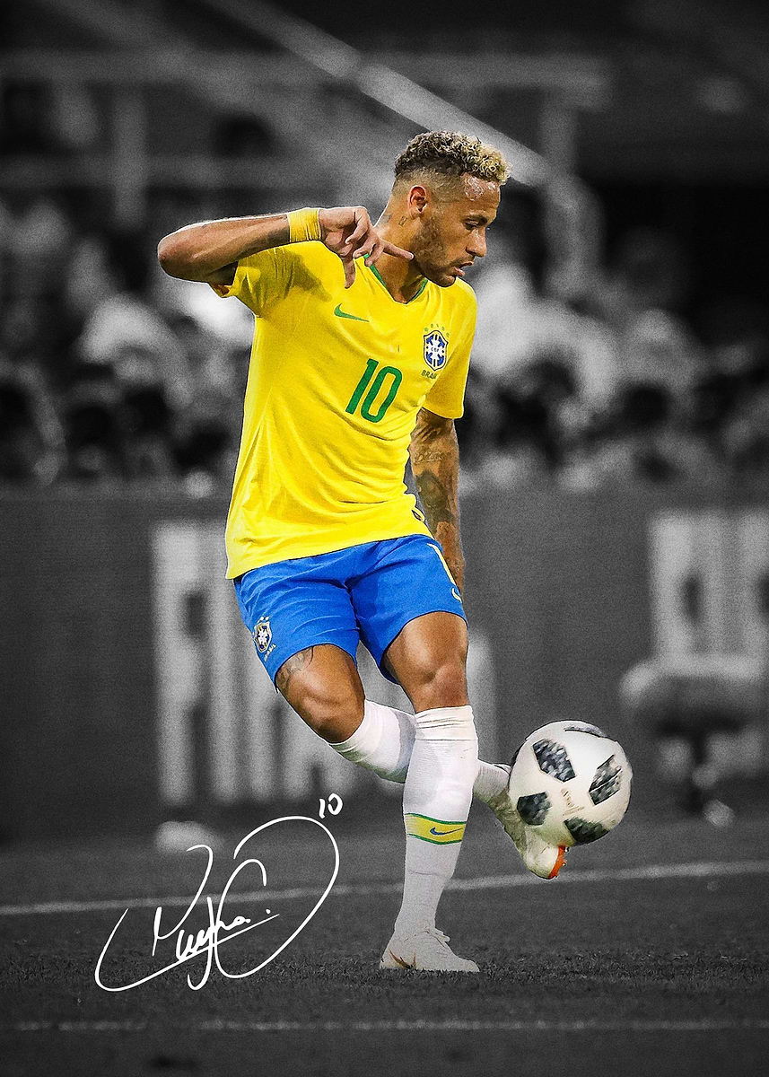 A black and white photograph captures Neymar Jr., the Brazilian soccer star, in mid-action on the field. He is wearing the iconic yellow and blue Brazilian jersey with the number 10 on the front.