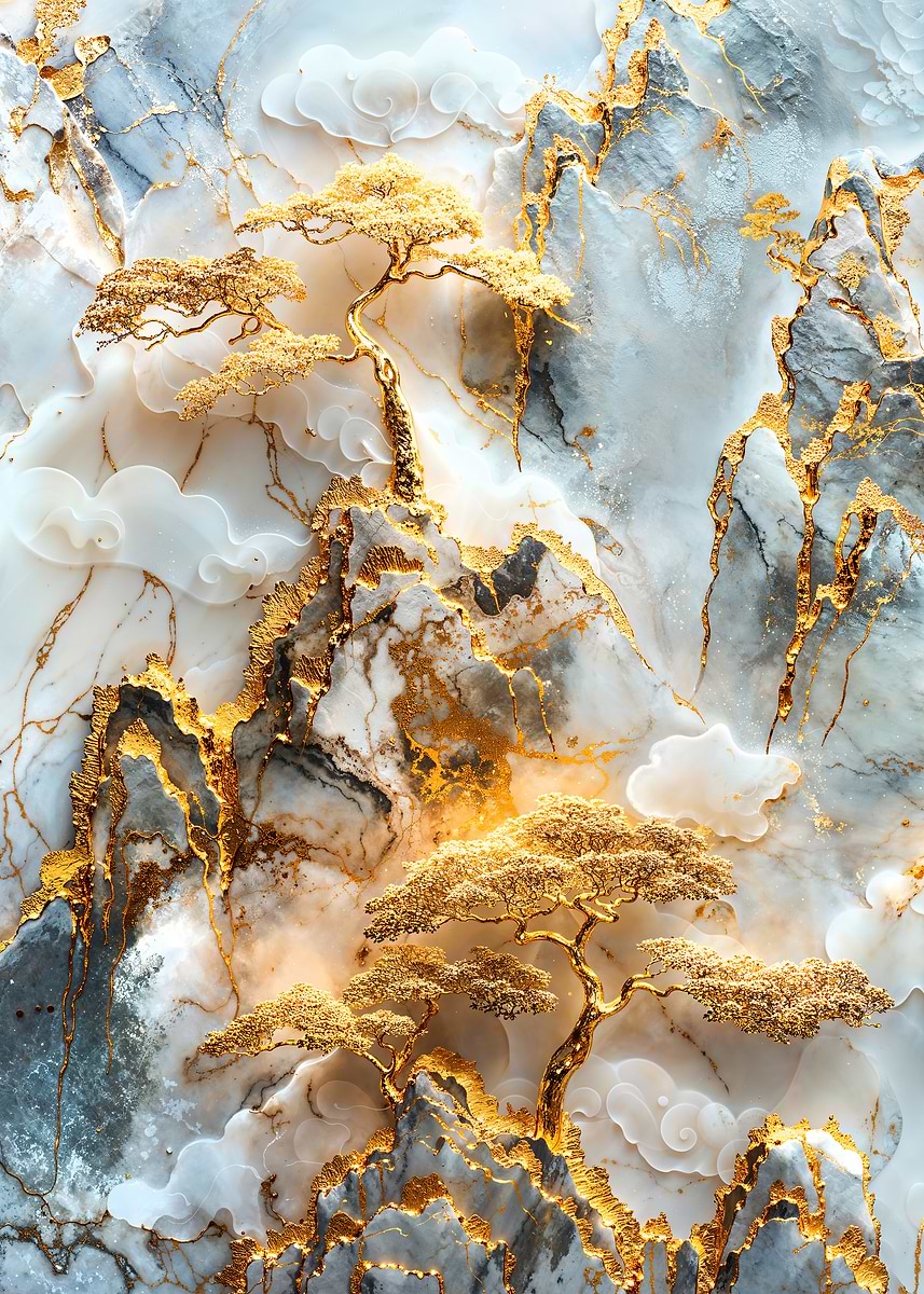 Golden Tree Mountain Art — from the Precious Metal Reforged collection, a Pixaverse metal print
