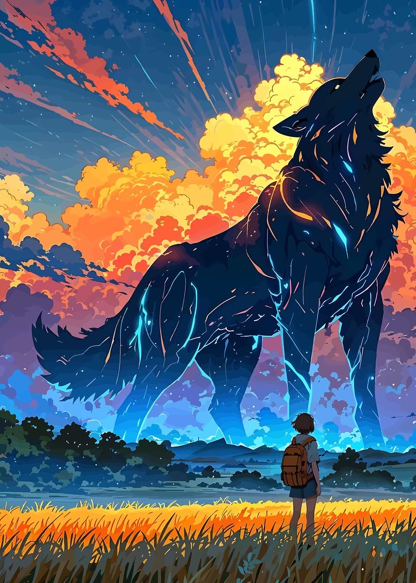 Giant Wolf and Girl' Poster, picture, metal print, paint by