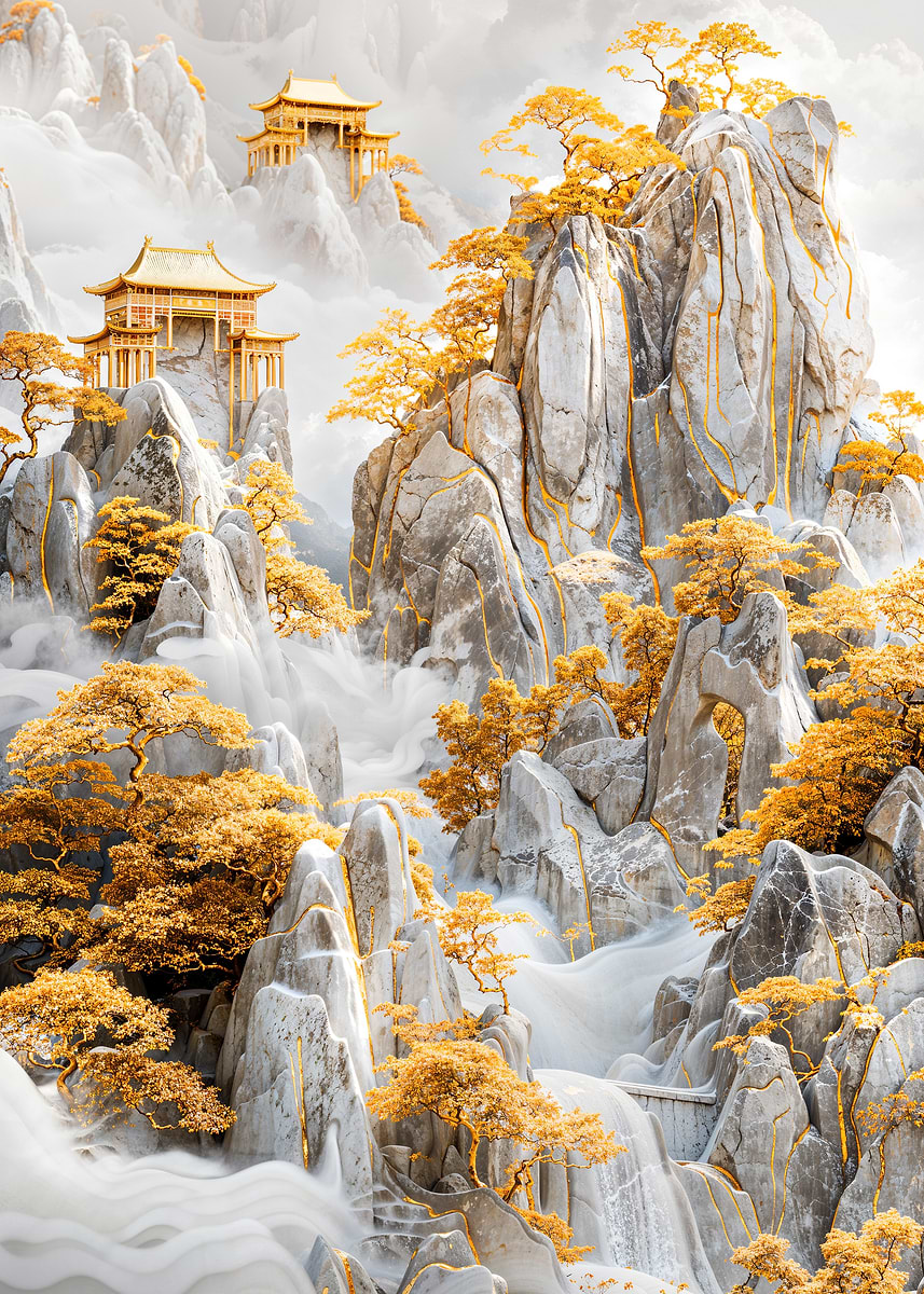 Golden Mountain Temple Landscape — from the Precious Metal Reforged collection, a Pixaverse metal print