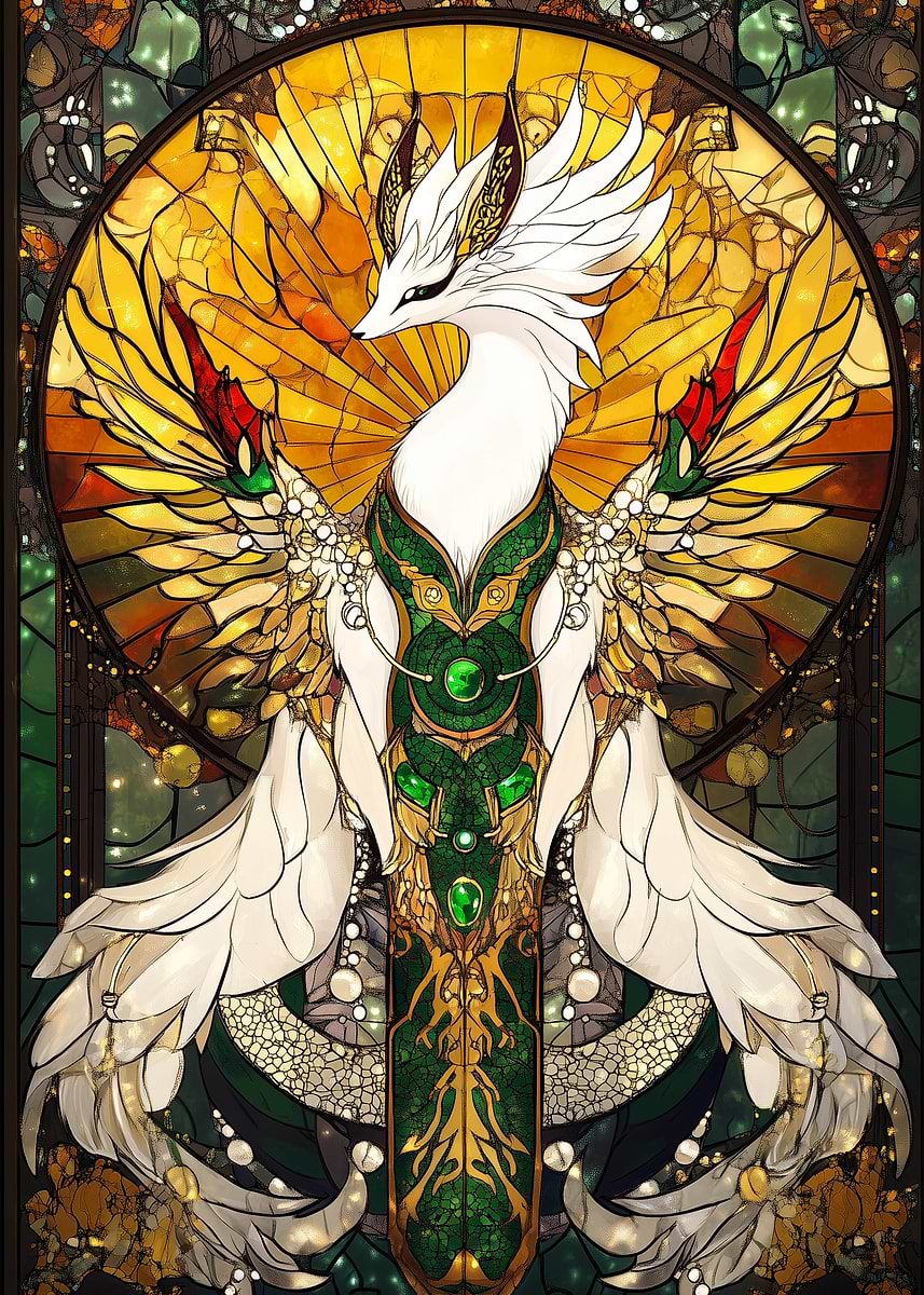 Celestial Kitsune: Stained Glass Elegance' Poster, picture, metal
