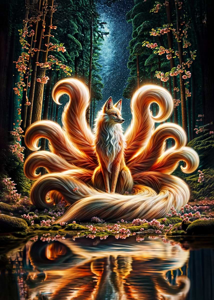 Nine-Tailed Fox in Forest' Poster, picture, metal print, paint by