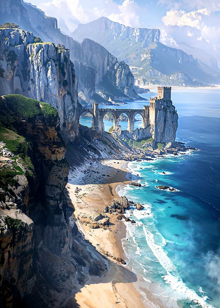 The Cliff's Solitary Sentinel — from the Forgotten Fantasy Realms collection, a Pixaverse metal print