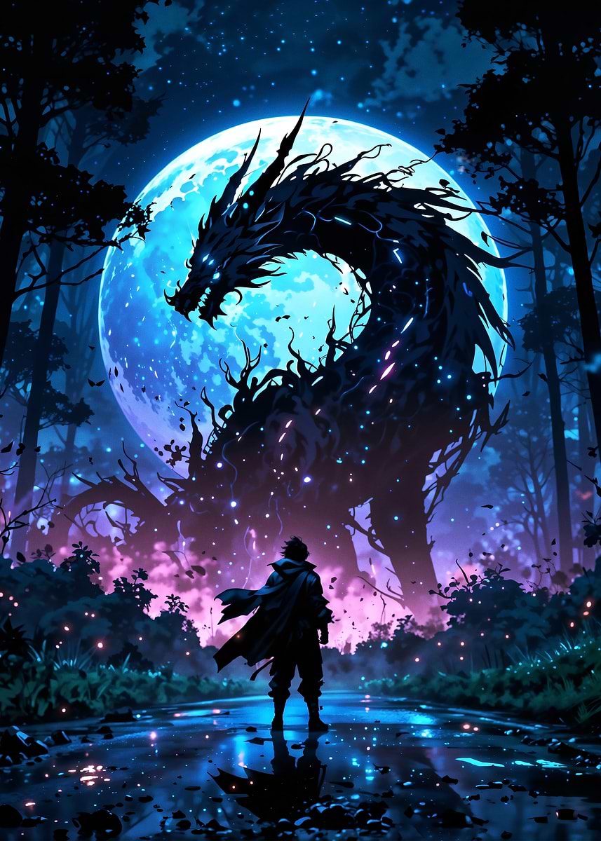 'Moonlit Dragon Confrontation' Poster, picture, metal print, paint by ...