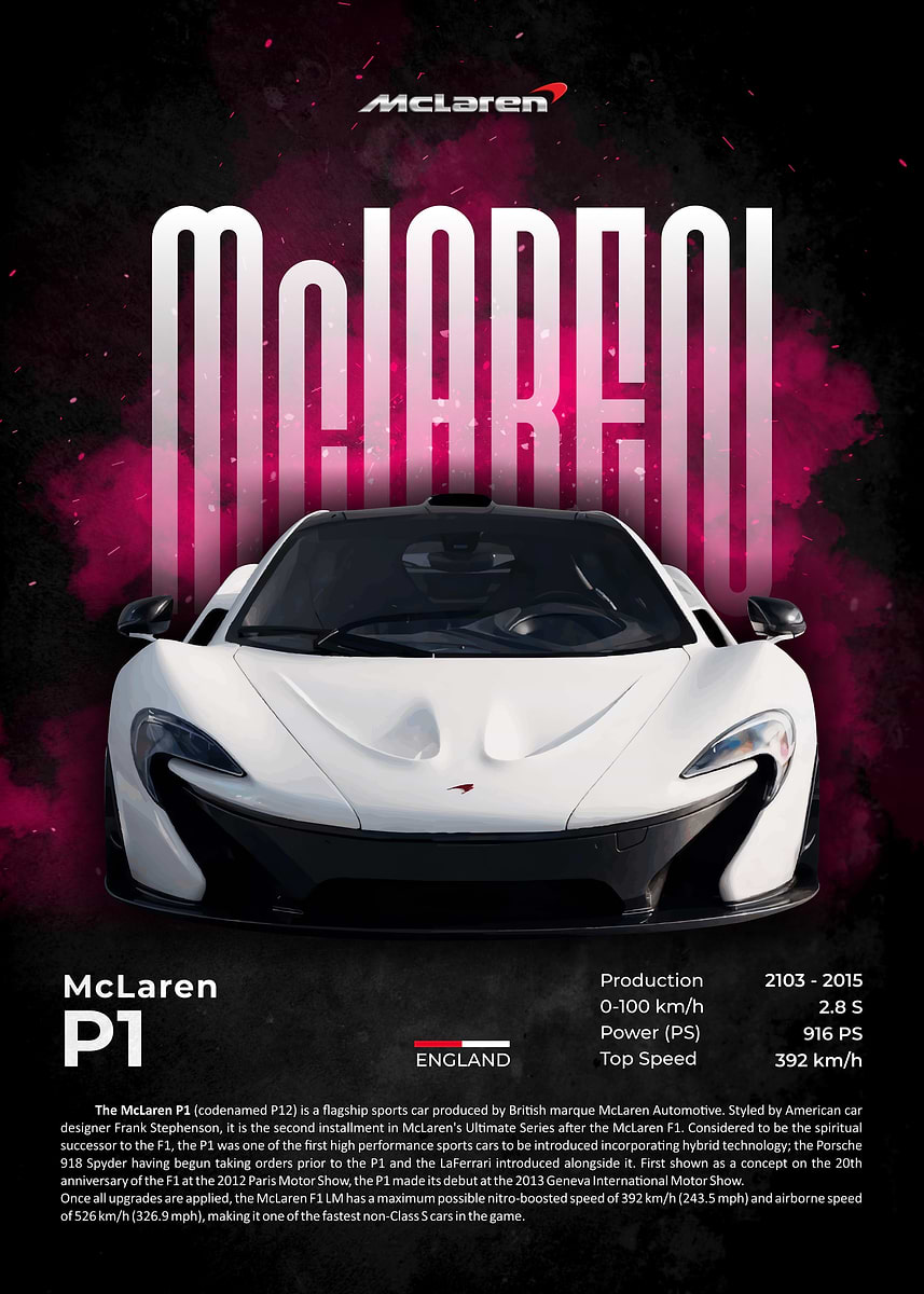 McLaren P1 Sports Car' Poster, picture, metal print, paint by Joko