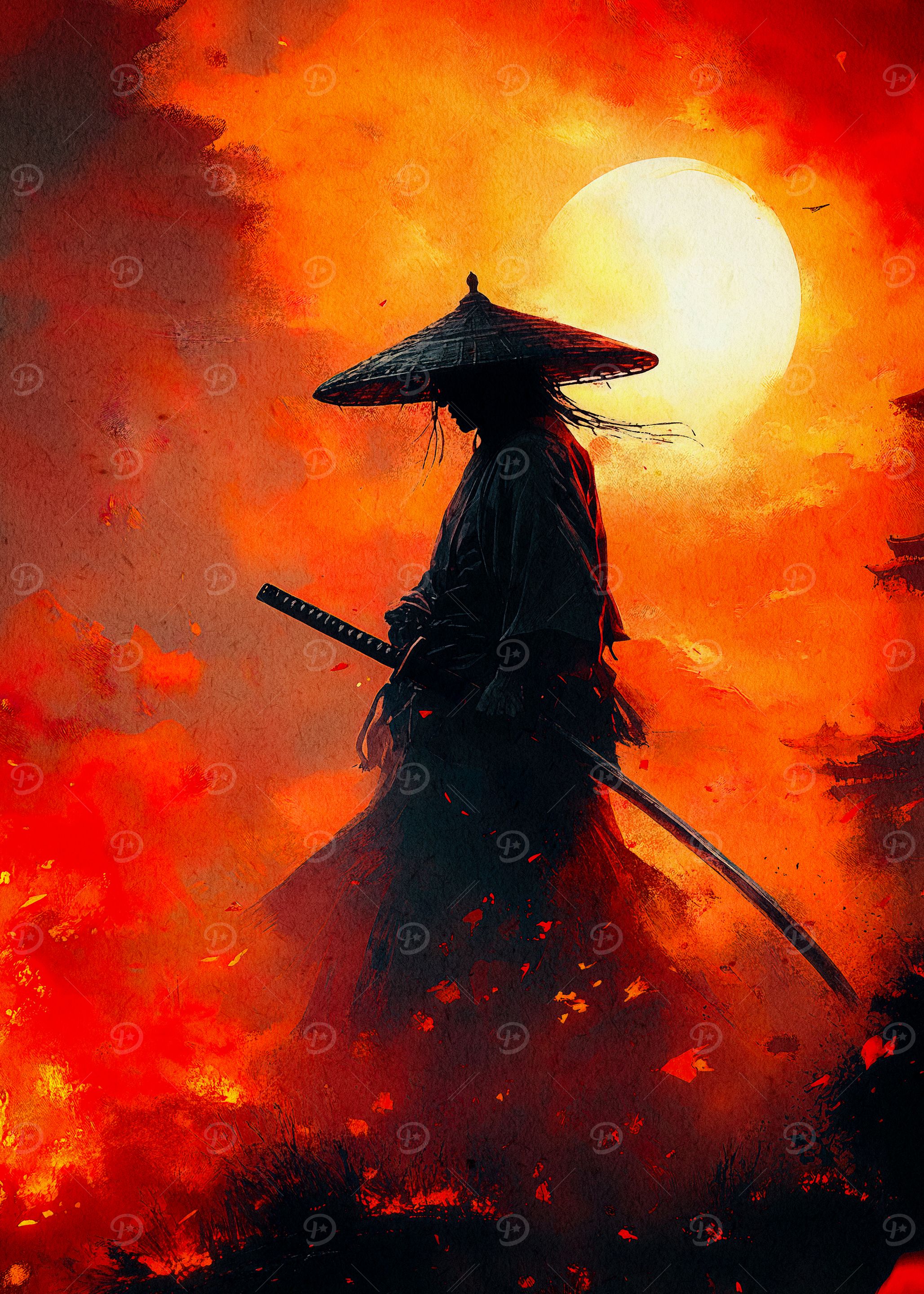 Samurai Fiery Sunset' Poster, picture, metal print, paint by