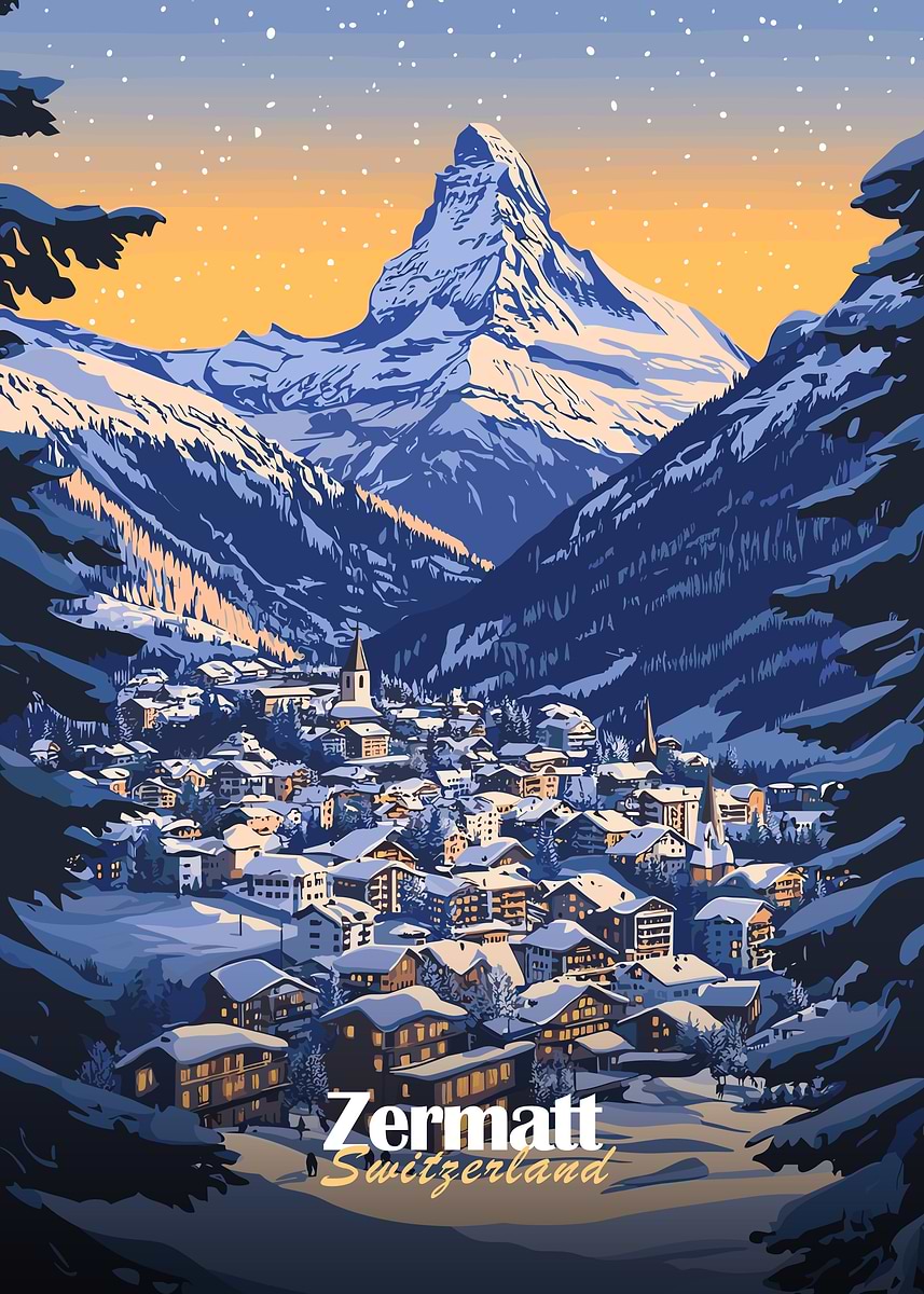 Zermatt Switzerland Mountain Village' Poster, picture, metal print