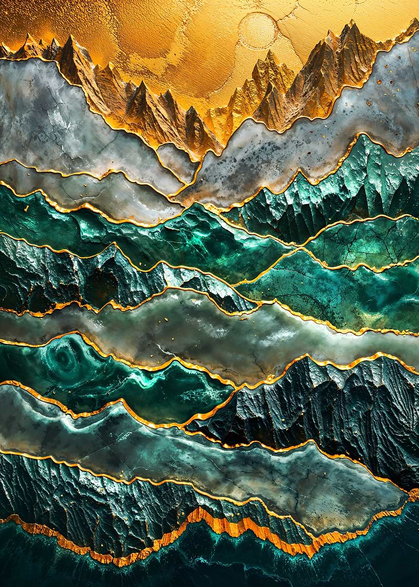 Emerald Mountain's Golden Dawn — from the Abstract Nature Kintsugi collection, a Pixaverse metal print