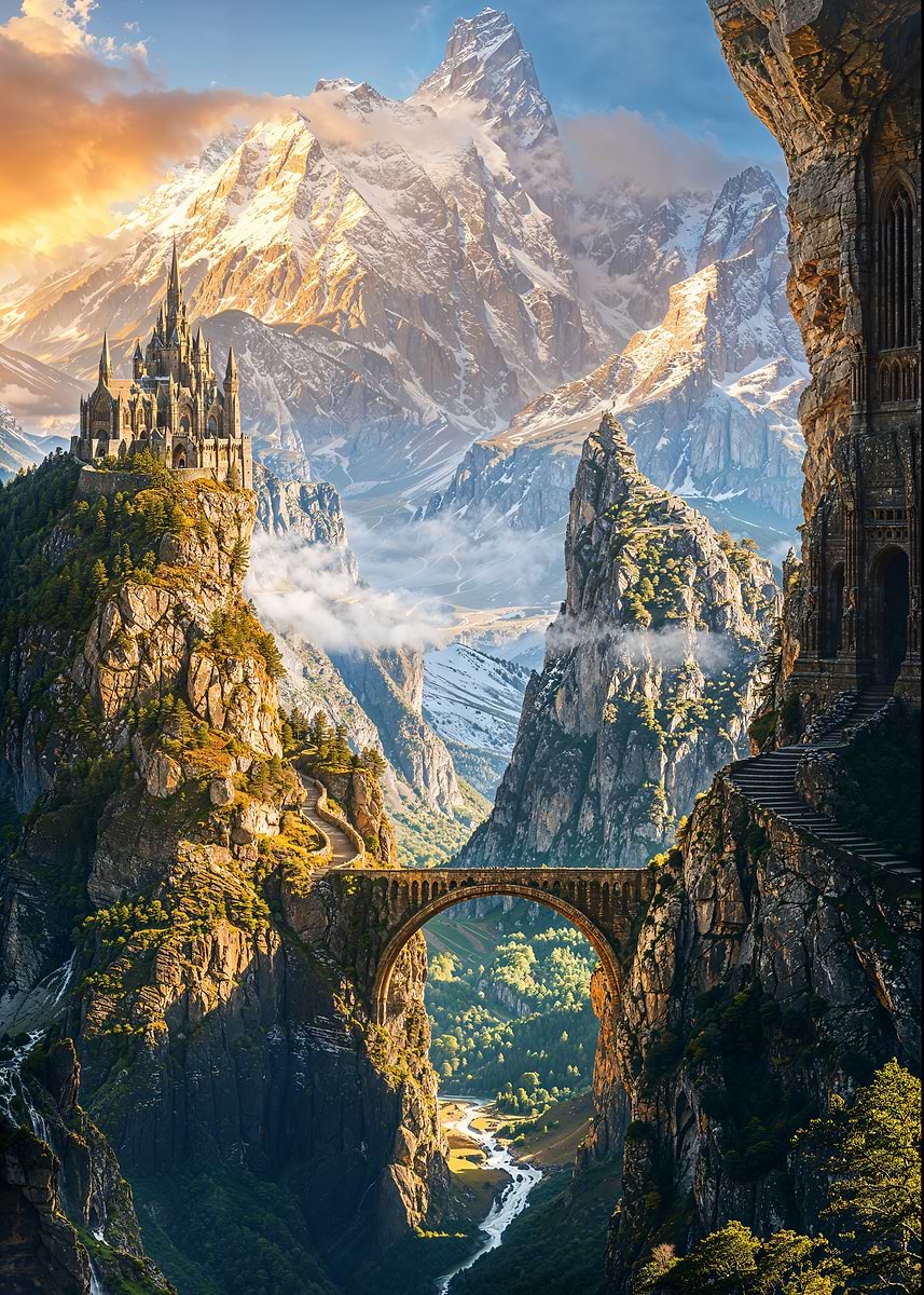 A Bridge Between Worlds — from the Forgotten Fantasy Realms collection, a Pixaverse metal print