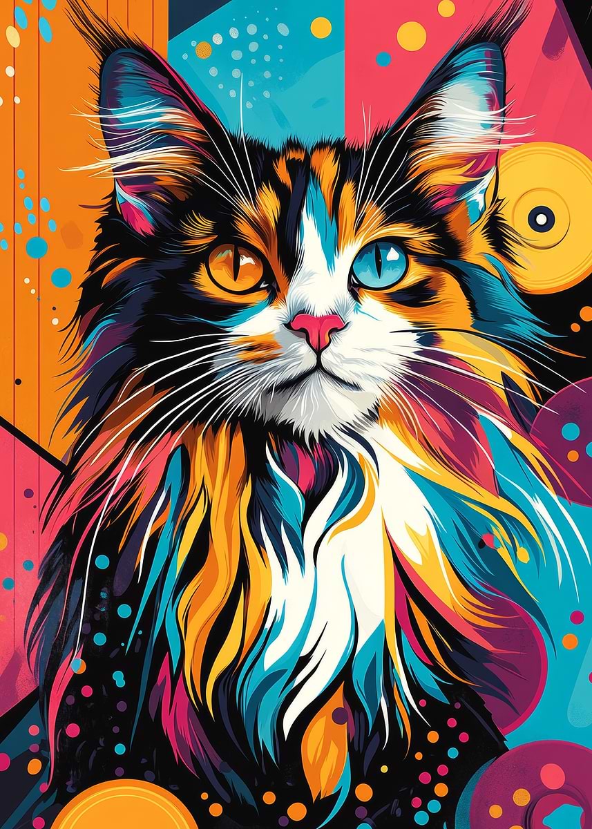 Vibrant Maine Coon Cat | Bold Abstract Pop Art Print