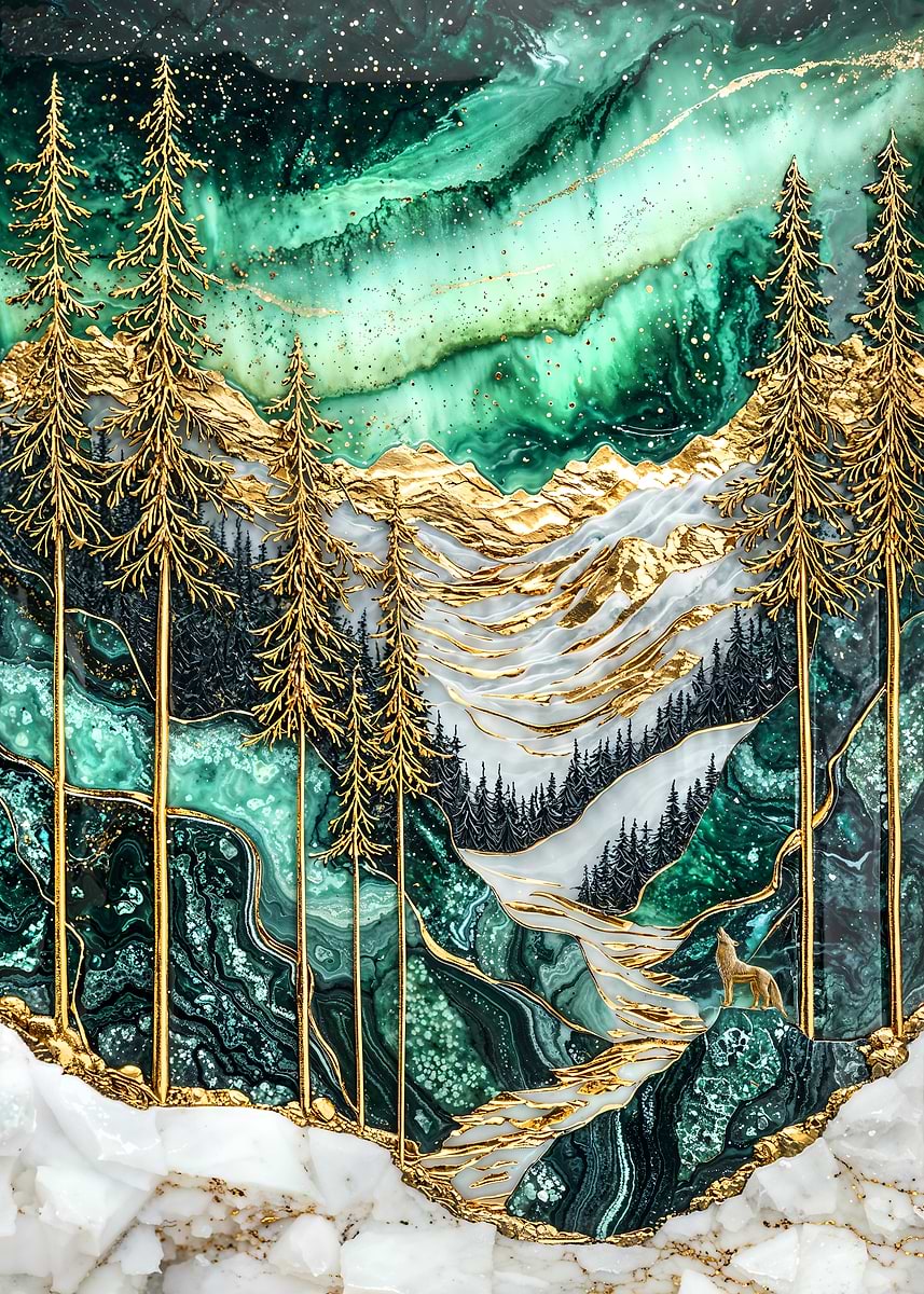 Northern Lights, Golden Nights — from the Abstract Nature Kintsugi collection, a Pixaverse metal print