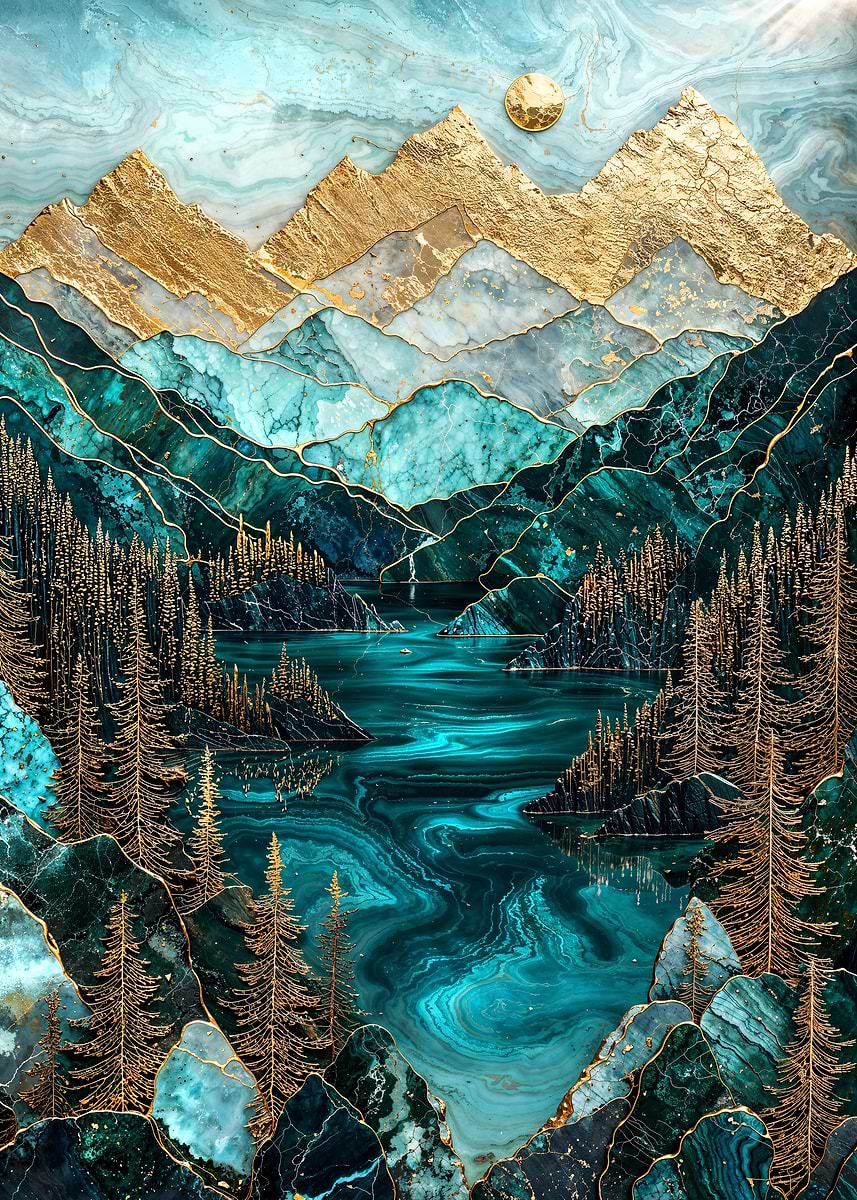 The Lake's Golden Secret — from the Abstract Nature Kintsugi collection, a Pixaverse metal print