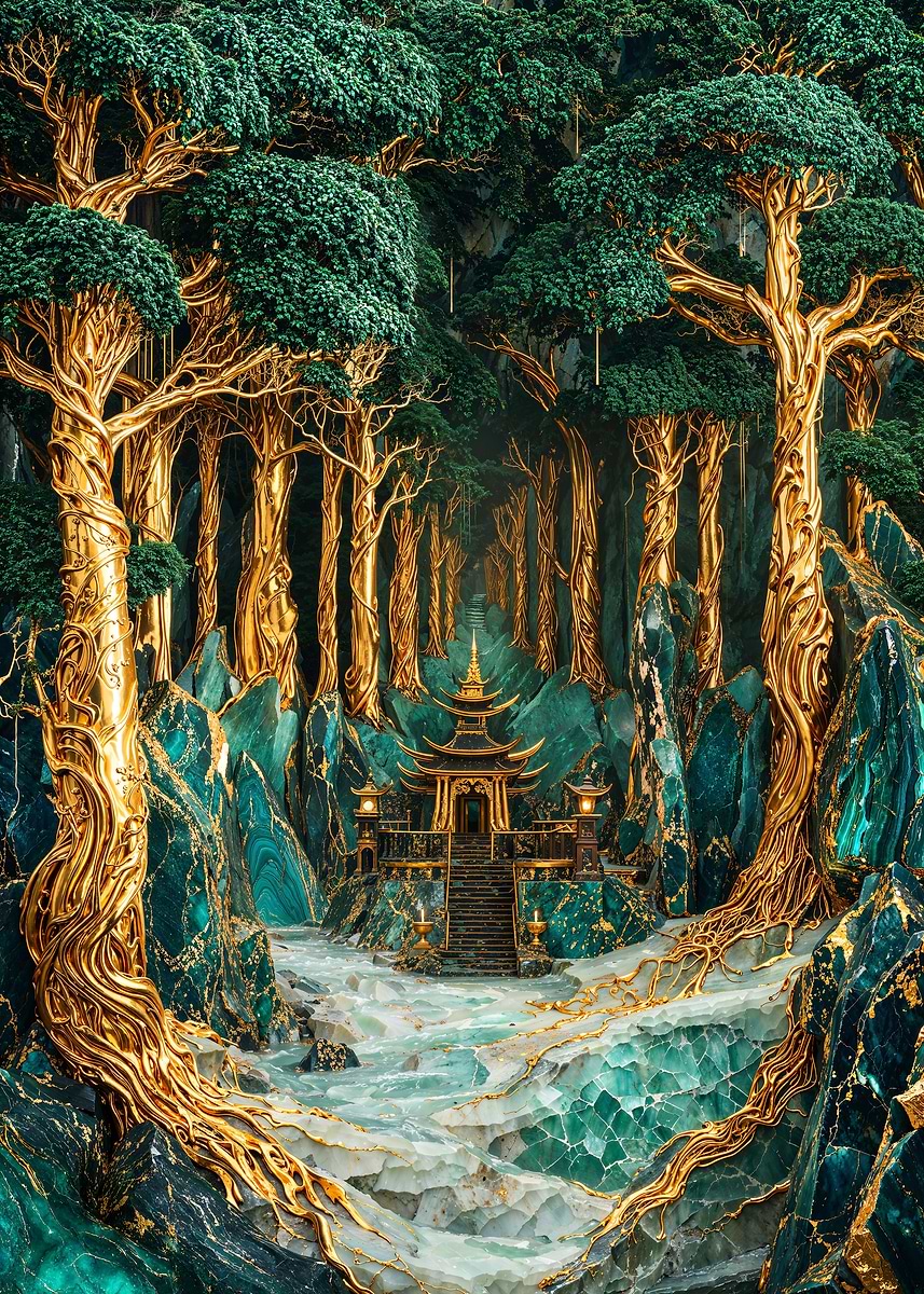 Sacred Grove Sanctuary — from the Abstract Nature Kintsugi collection, a Pixaverse metal print