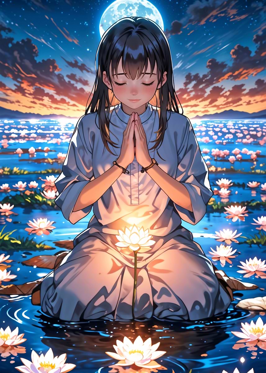 Anime Girl Praying by Water' Poster, picture, metal print, paint