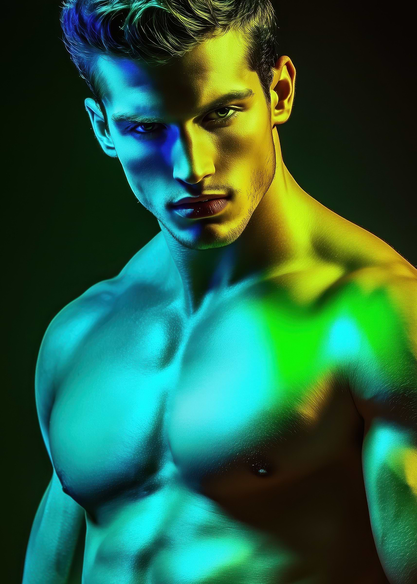 'Muscular Man in Neon Lights,UV colors body art' Poster, picture, metal ...