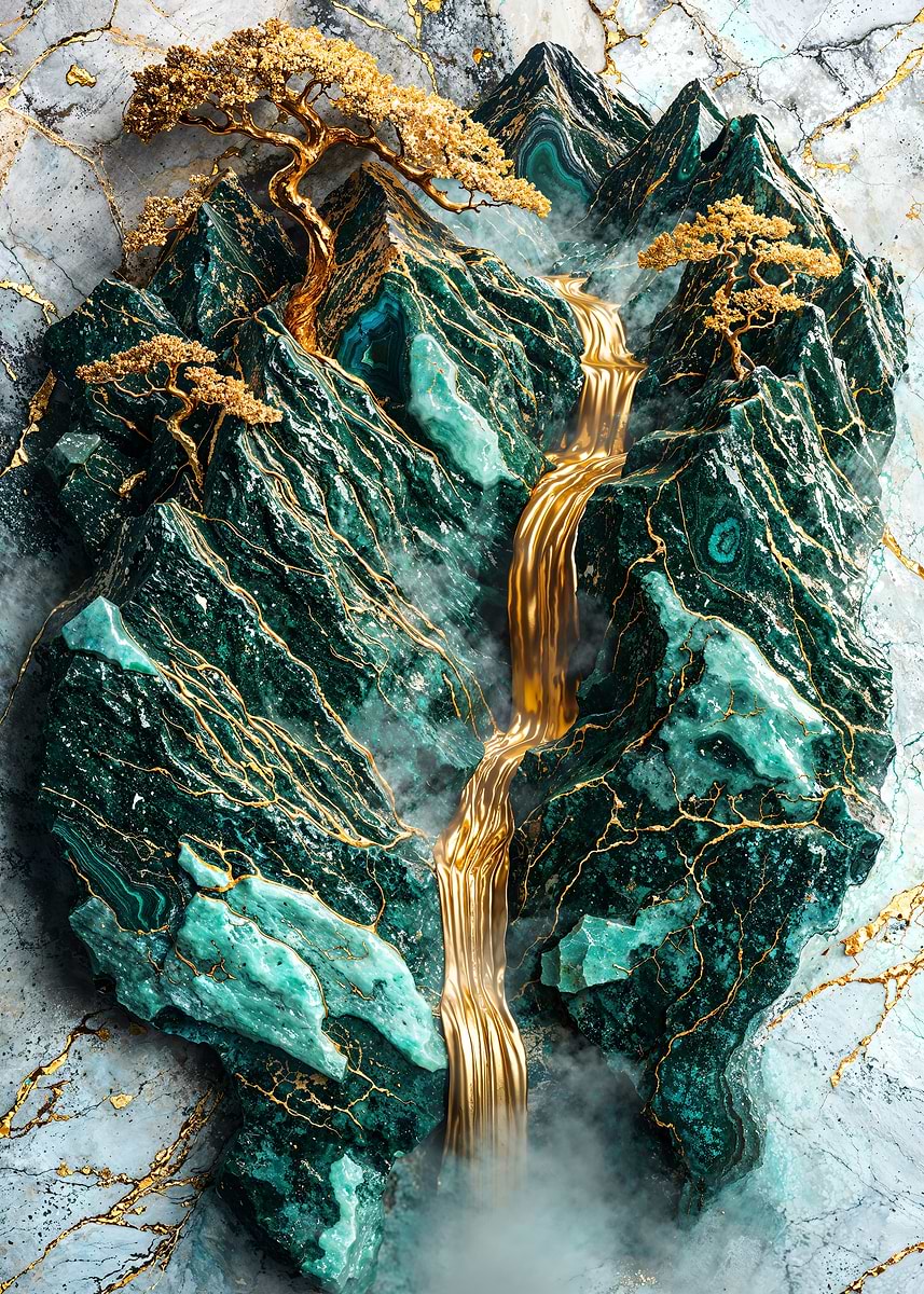 The Mountain's Golden Heart — from the Abstract Nature Kintsugi collection, a Pixaverse metal print