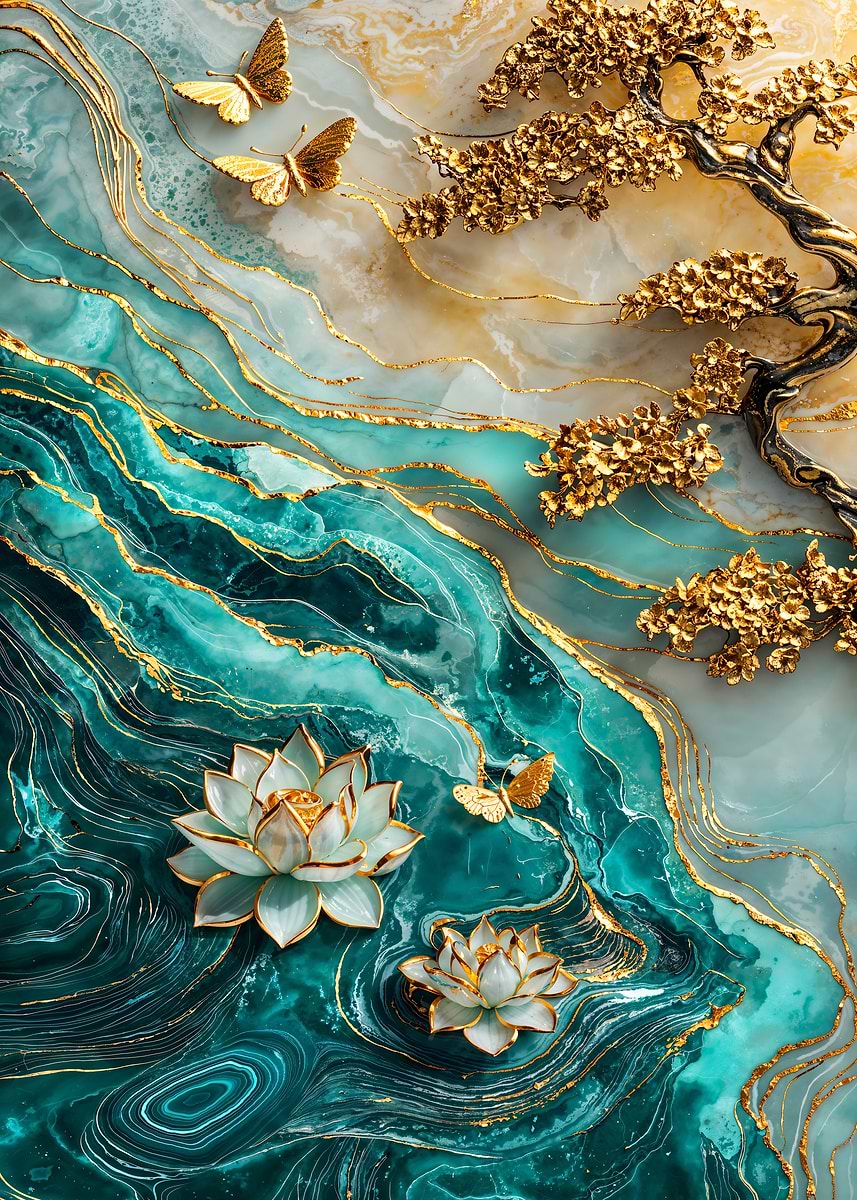 Golden Lotus Pond — from the Abstract Nature Kintsugi collection, a Pixaverse metal print