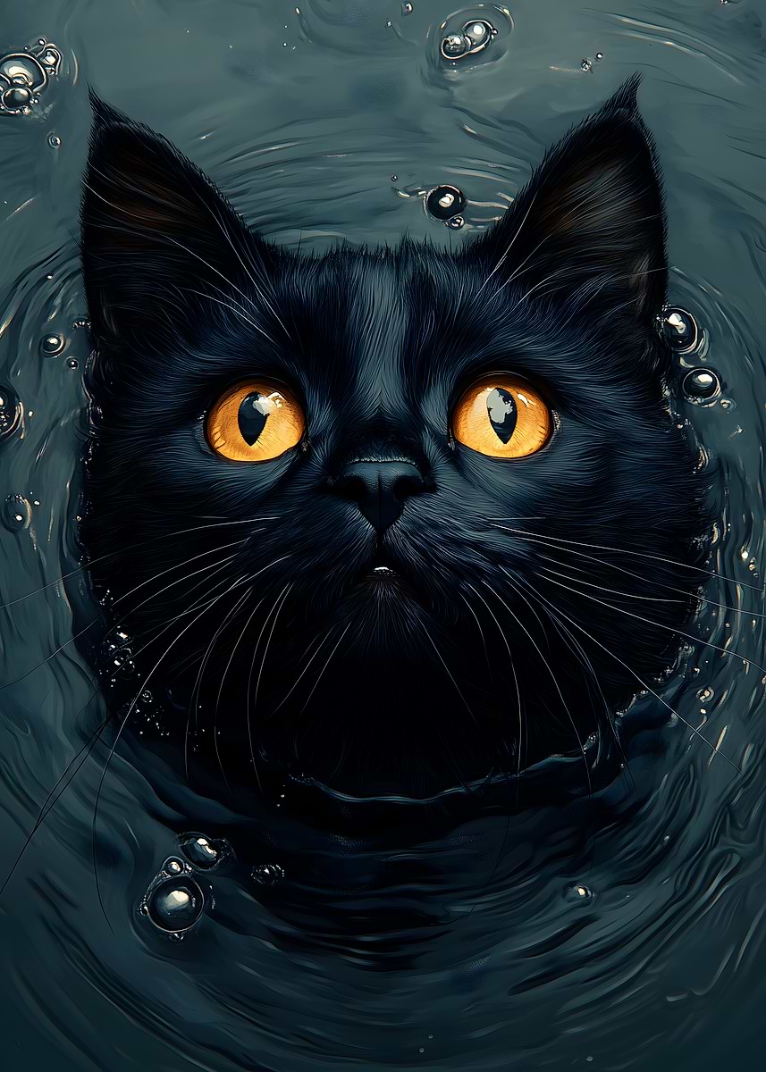 Black Cat in Water' Poster, picture, metal print, paint by Retsher