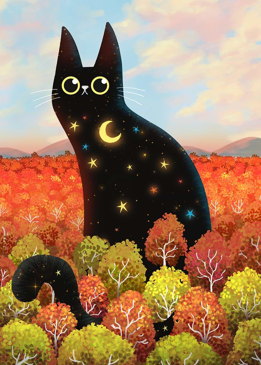 Black Cat with Stars' Poster, picture, metal print, paint by