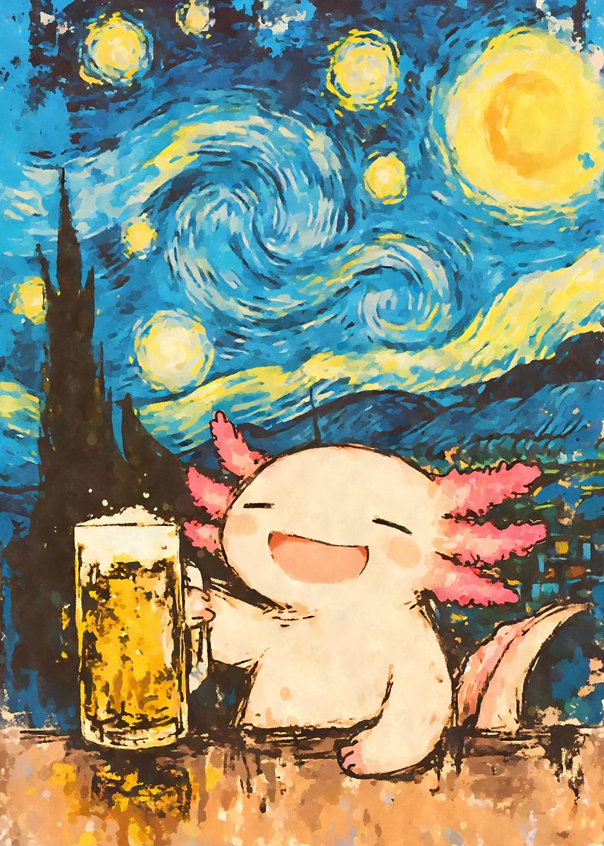 Axolotl Beer Starry Night' Poster, picture, metal print, paint by