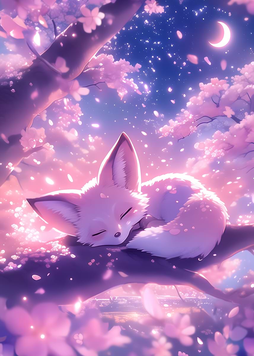 Sleeping Fox in Cherry Blossoms' Poster, picture, metal print