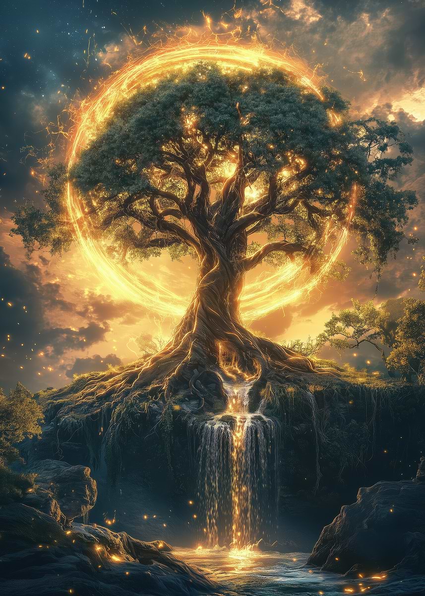 黄金の調和の木 DISPLATE メタリック ポスター ( #8833 ) Mystical Tree with Golden Aura' Poster, picture, metal print