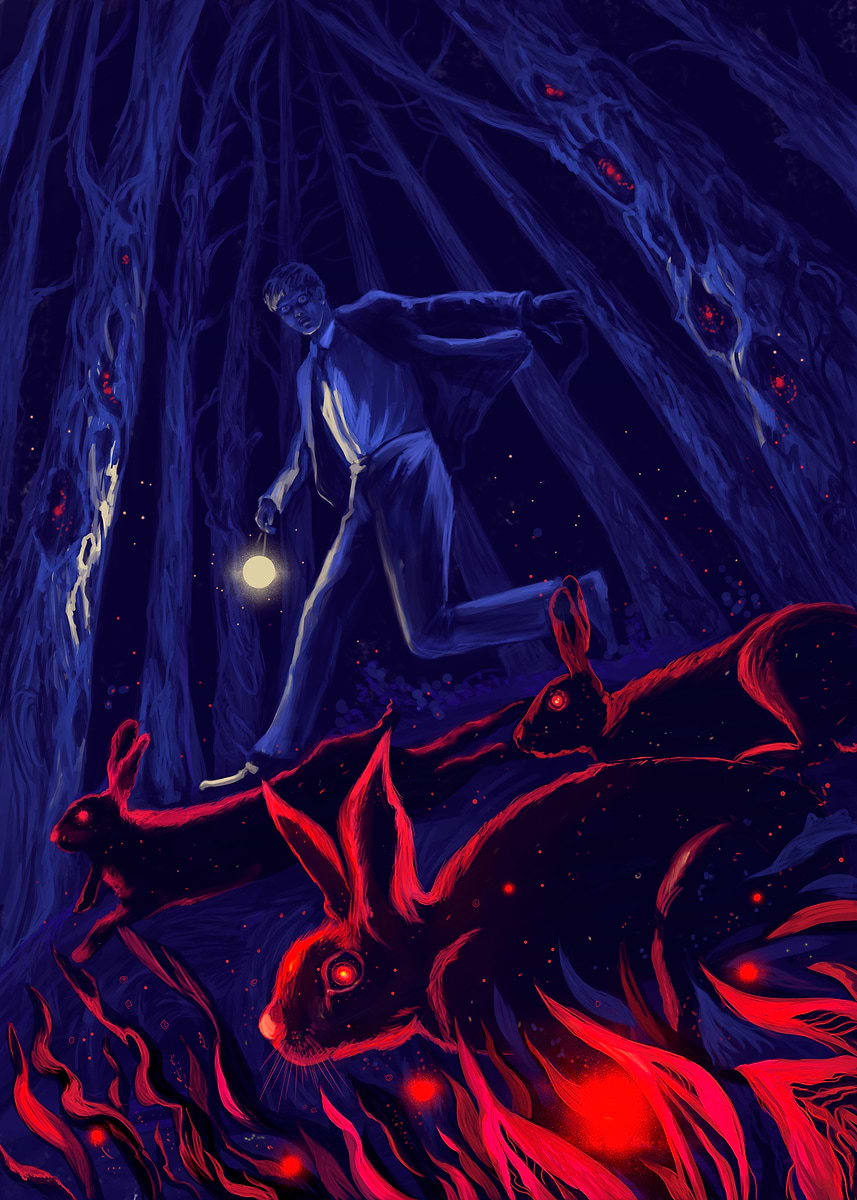 'Man Running from Rabbits' Poster, picture, metal print, paint by Anna ...