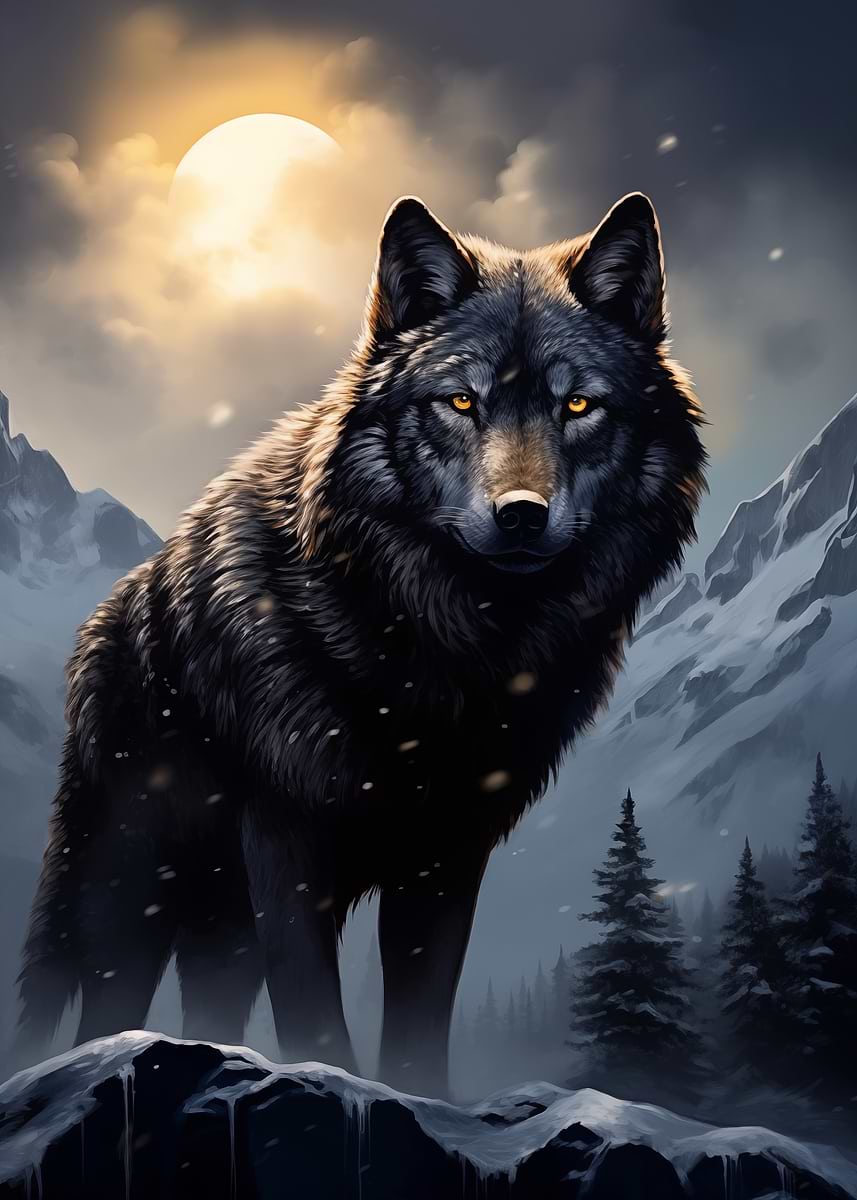 Black Wolf in Snowy Mountains' Poster, picture, metal print, paint