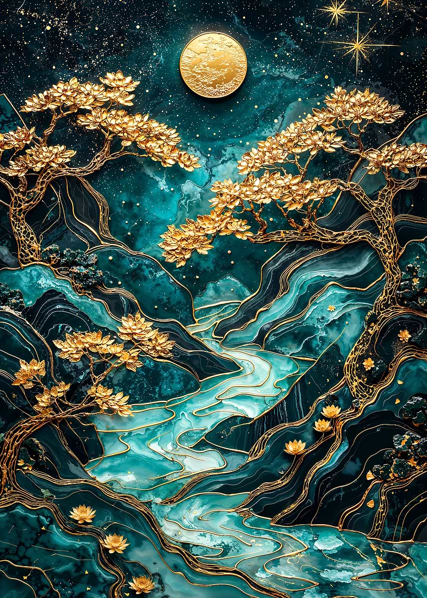 Golden Sakura Dreams — from the Abstract Nature Kintsugi collection, a Pixaverse metal print