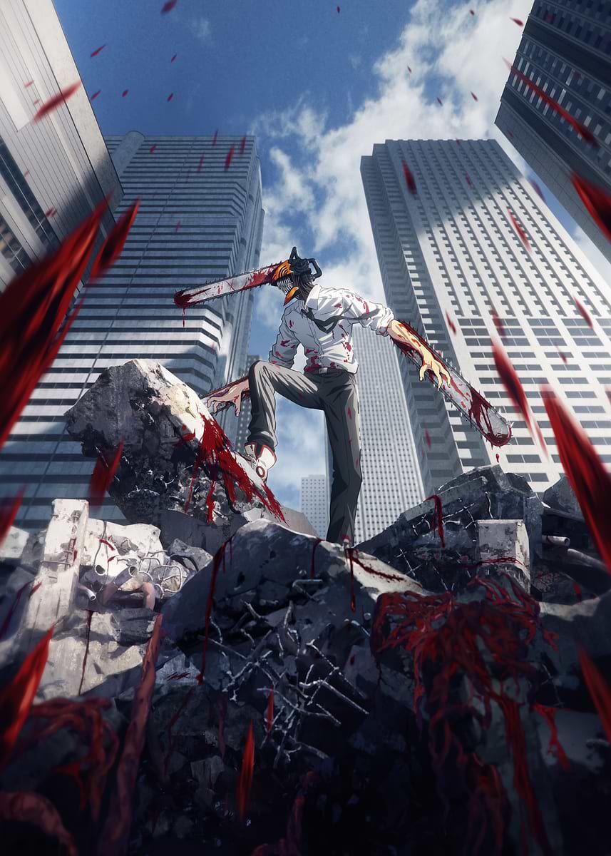 Metal poster featuring officially licensed Chainsaw Man art. This image depicts Denji, the protagonist of the popular manga and anime series Chainsaw Man, in a dynamic action pose.