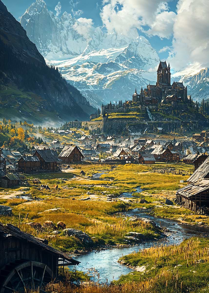 Medieval Mountain Village — from the Forgotten Fantasy Realms collection, a Pixaverse metal print