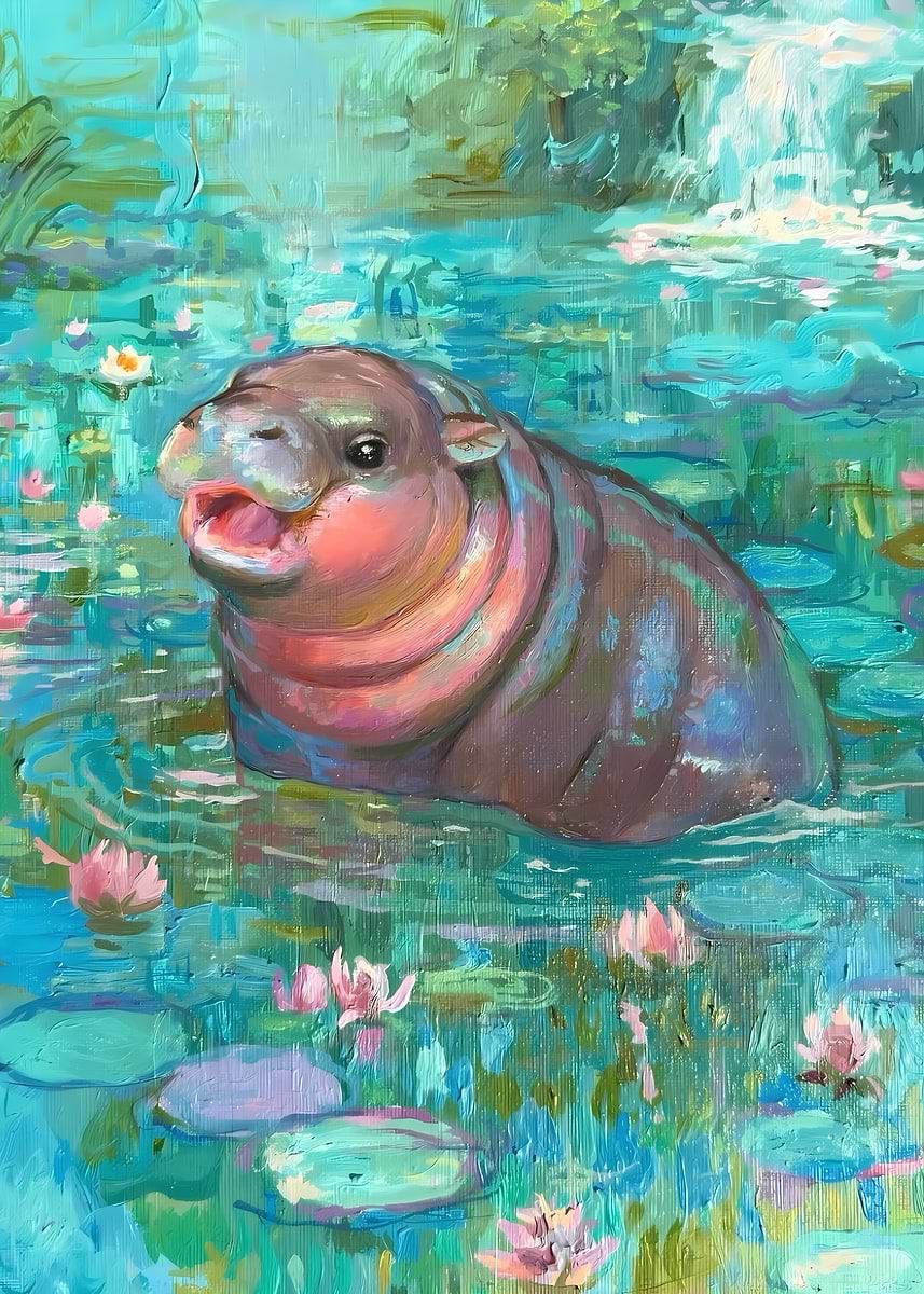 Moo deng Baby Hippo in Water Lilies' Poster, picture, metal print