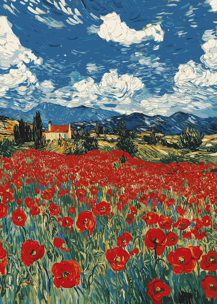 Spring House amongst Poppy Field' Poster, picture, metal print